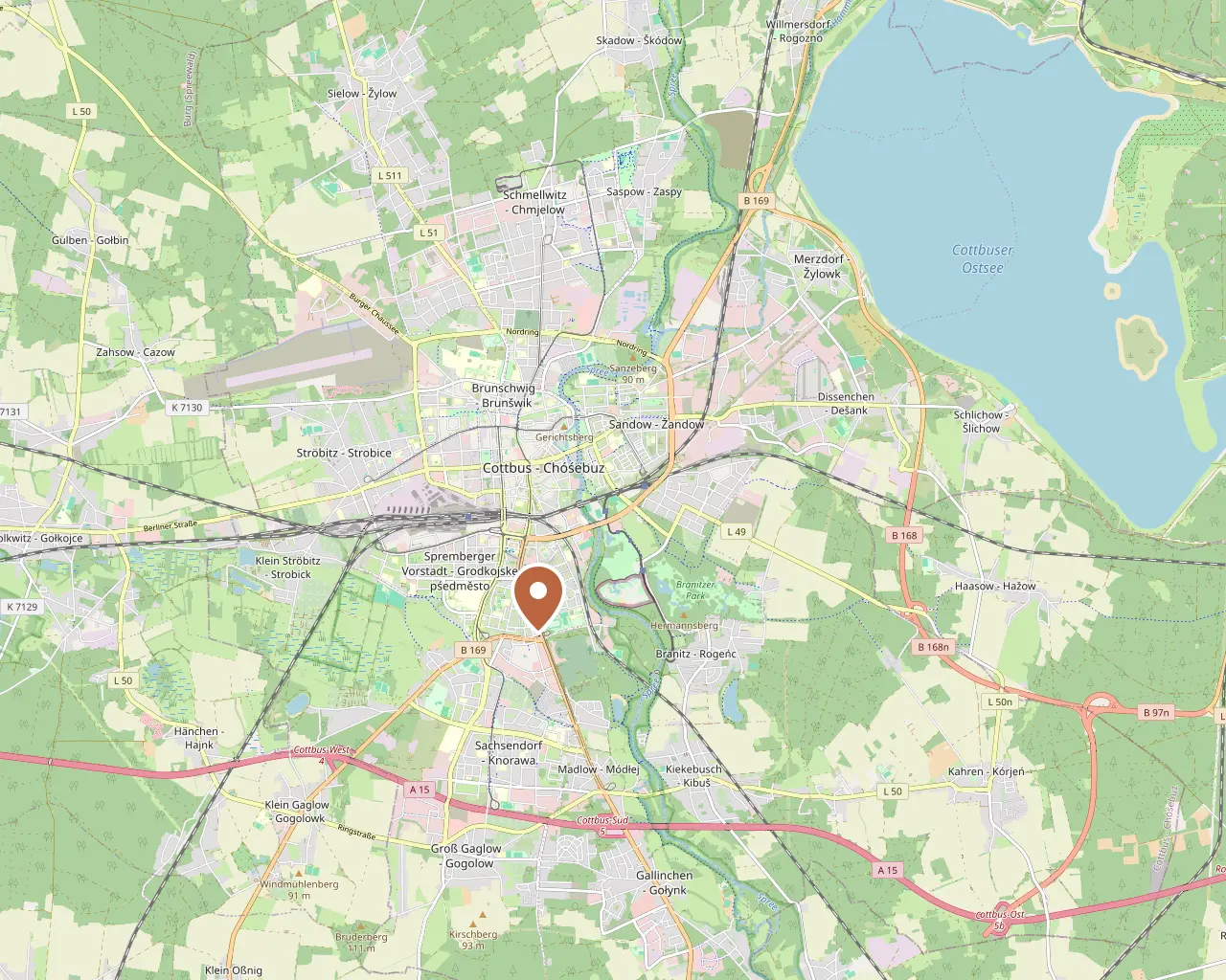 Karte von Cottbus mit Markierung: Dresdener Str. 53 · 03050 Cottbus